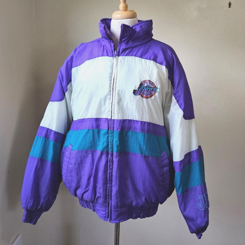 Vintage Utah Jazz 90s Locker Line Windbreaker Jacket Zip White‎ Purple NBA Large